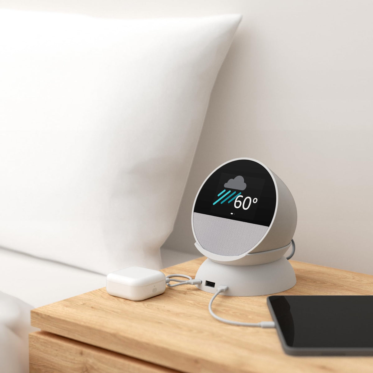 Mission Cables stand in use on bedside table illustrating organized charging benefit