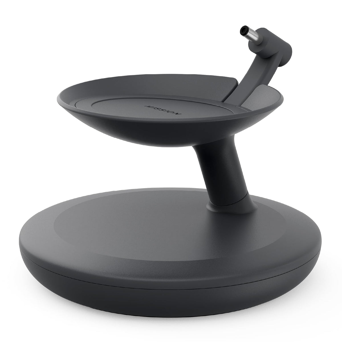 Mission Cables front view of stand with Echo Dot Max shows tidy placement and stability