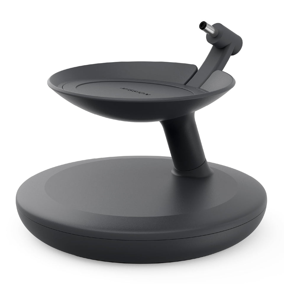 Mission Cables front view of stand with Echo Dot Max shows tidy placement and stability