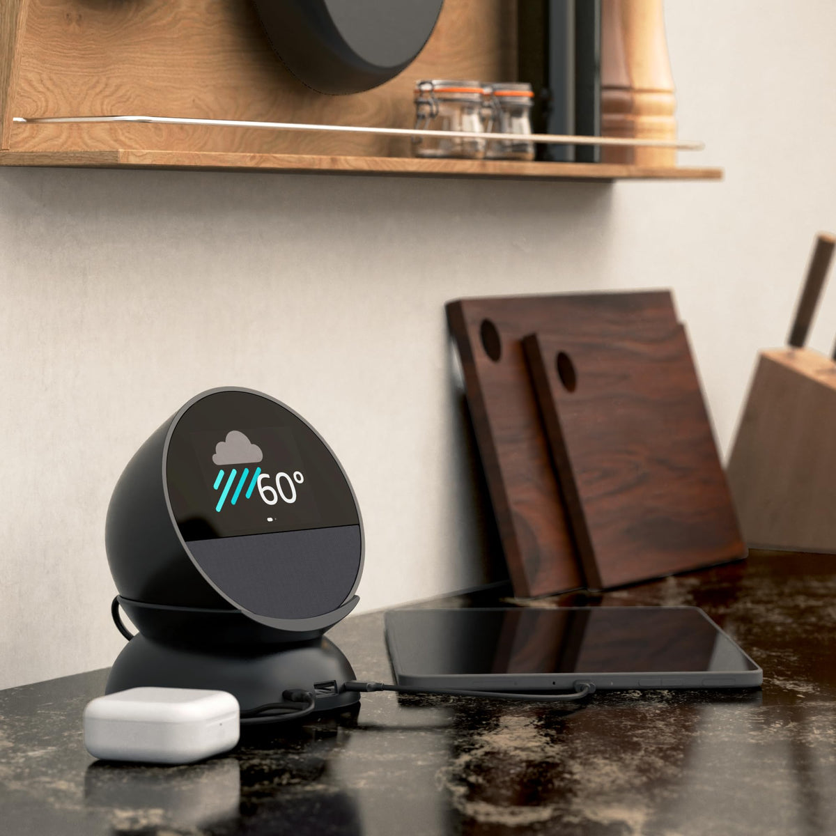 Mission Cables glacier white stand in kitchen with Echo Spot, fits modern decor