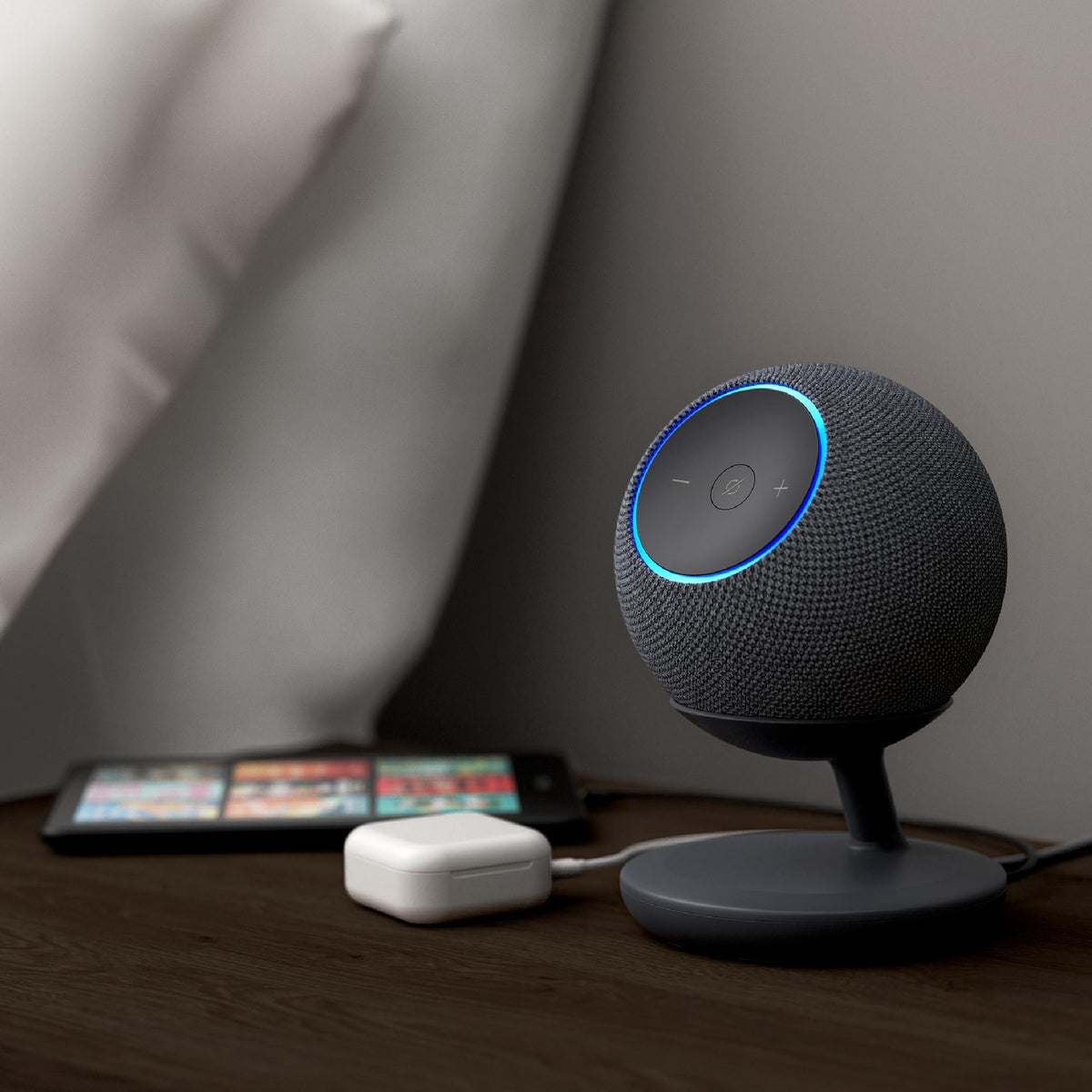 Mission Cables stand on a bedroom nightstand charging devices while Echo Dot Max sits neatly