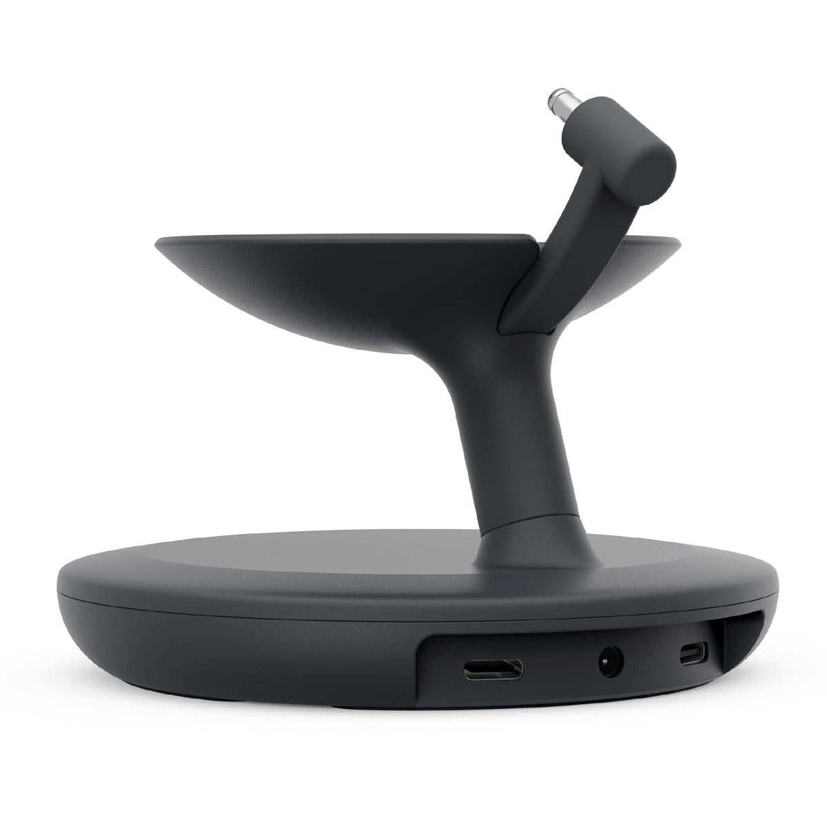 Mission Cables stand on a work desk charging phone and tablet while keeping speaker accessible