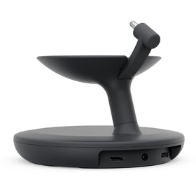 Mission Cables stand on a work desk charging phone and tablet while keeping speaker accessible