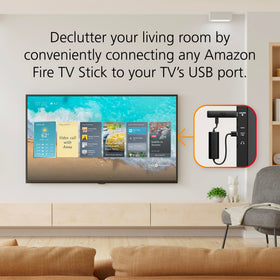Mission Cables plugged into TV side USB port, saves AC outlet space