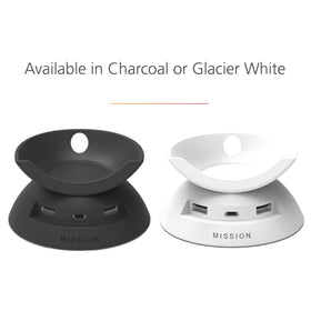 Mission Cables stand in use charging phone beside Echo Pop for reduced clutter