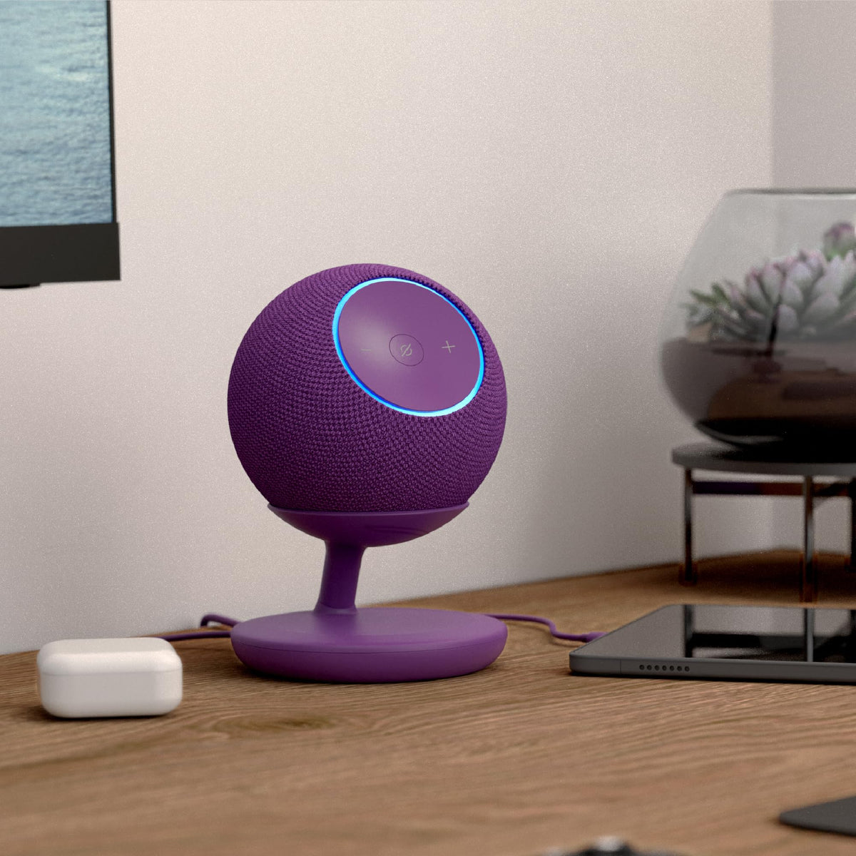 Mission Cables stand with Echo Dot Max mounted, provides integrated organized charging