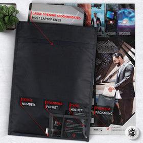 Mission Darkness Faraday bag back pocket view supports information card placement.