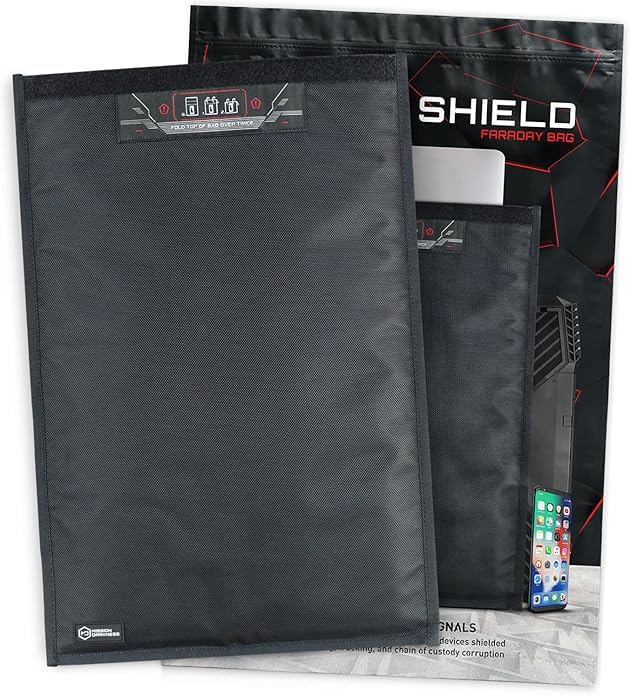 Mission Darkness Faraday bag front view shows laptop protection for travel privacy.