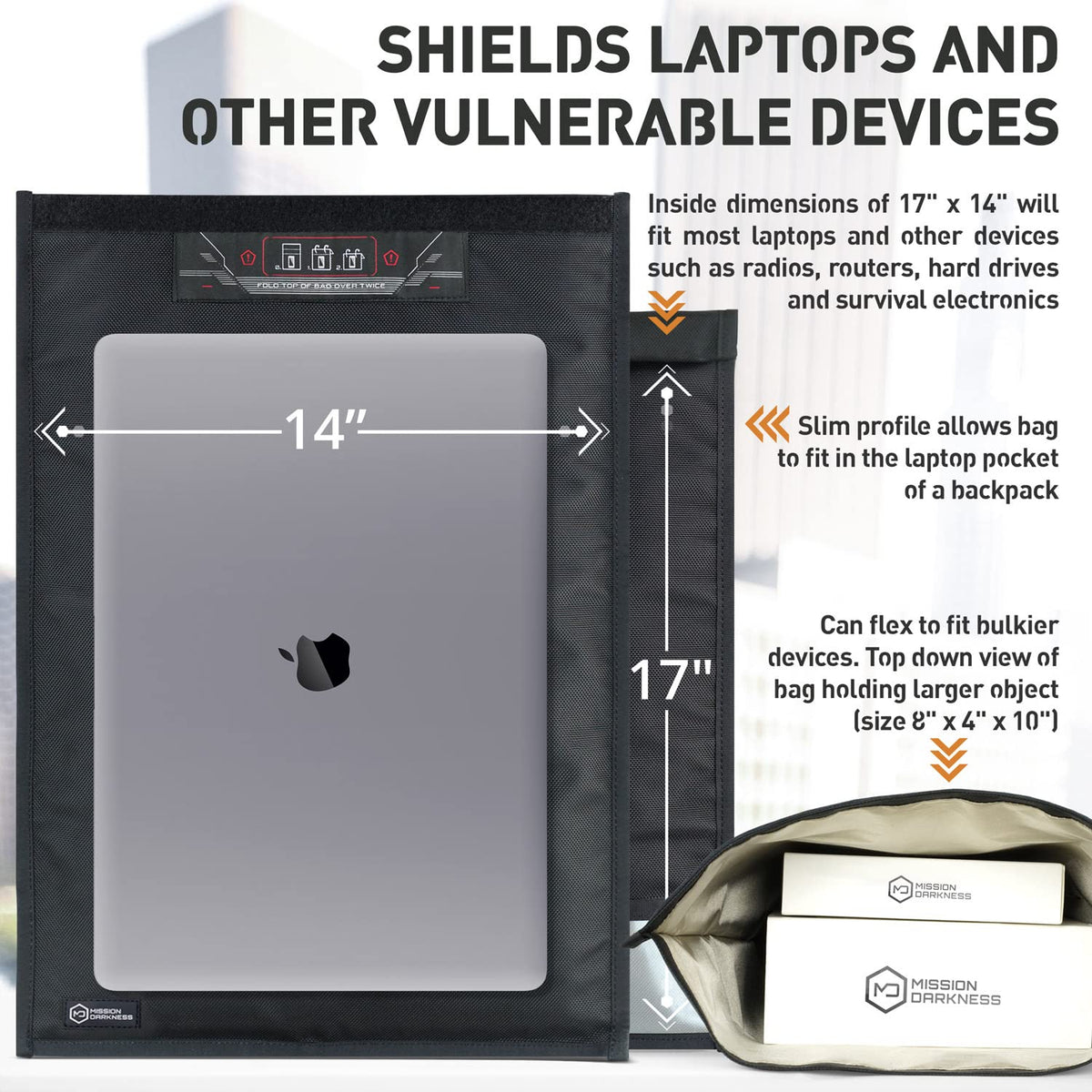 Mission Darkness Faraday bag laptop inside demonstrates universal fit for large devices.