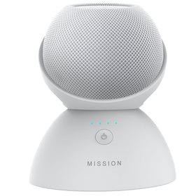 Mission Cables front view showing white battery base matched to HomePod Mini for portable audio