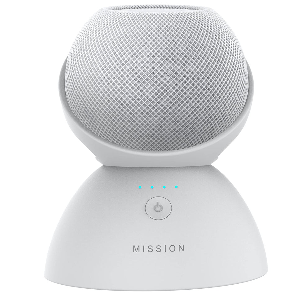 Mission Cables front view showing white battery base matched to HomePod Mini for portable audio