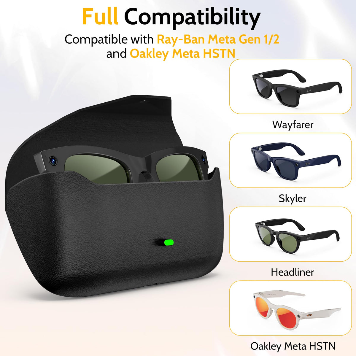 MIUOLV open case interior with smart glasses inside highlighting secure storage and charging