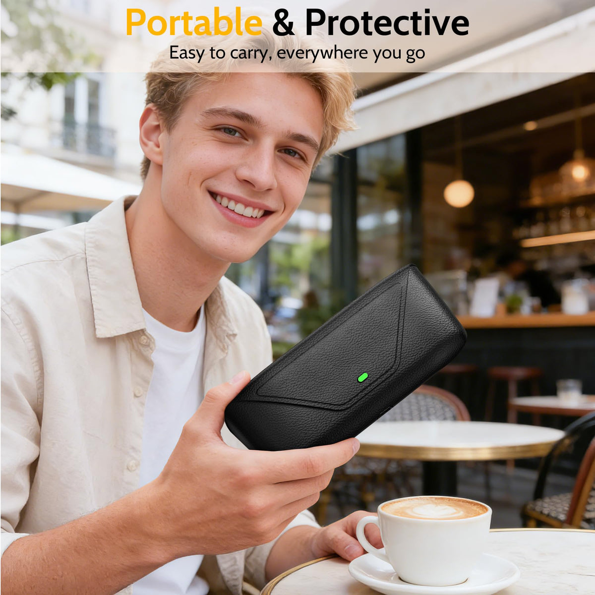 MIUOLV case held in hand to show compact scale and travel-ready portability