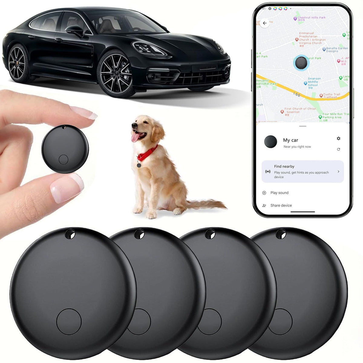 MIUXGIO front packaging showing four trackers and features for easy setup