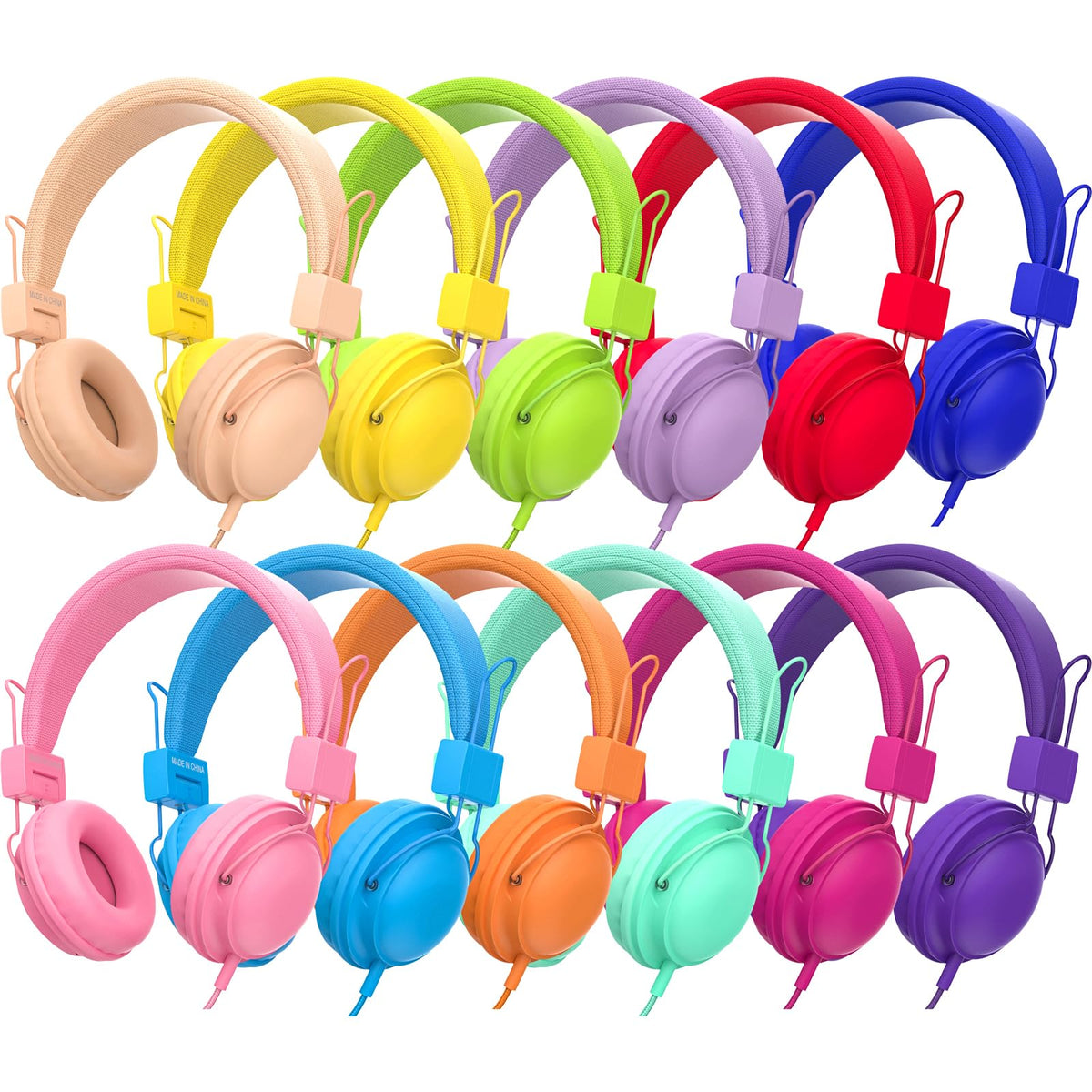 MIXCU classroom headphones in rainbow colors for quick student color-coding.