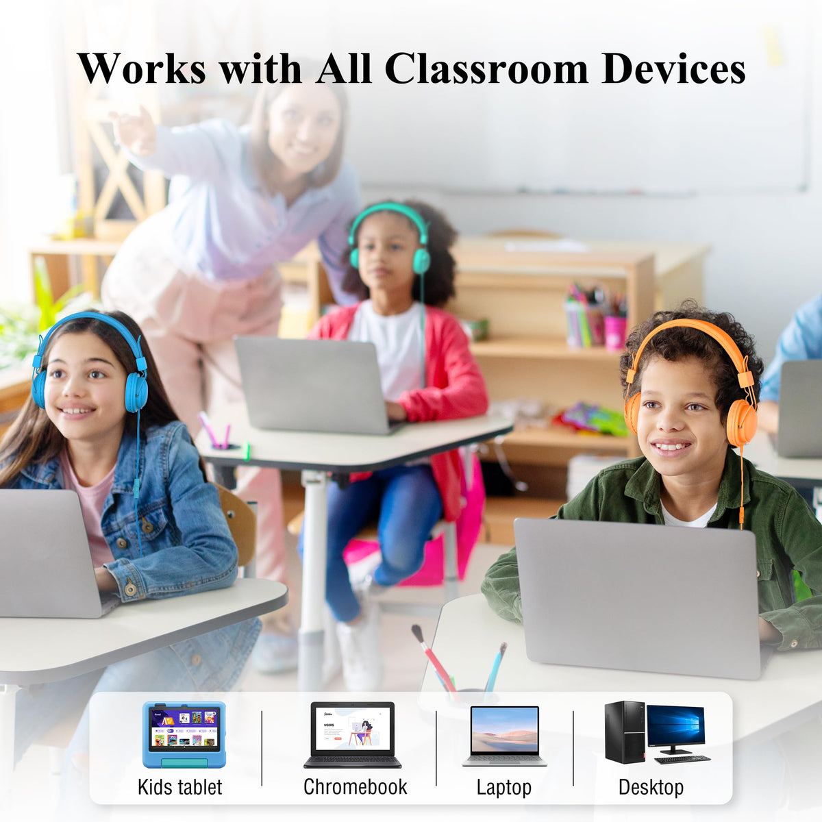 MIXCU braided-cable headphones withstand daily plugging and unplugging in classrooms.
