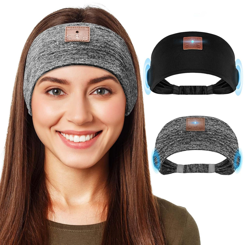 Mixiba front view of both black and gray headbands showing included accessories and packaging benefit comfort