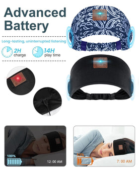 Mixiba headband worn by side sleeper on pillow, comfortable audio without ear pressure