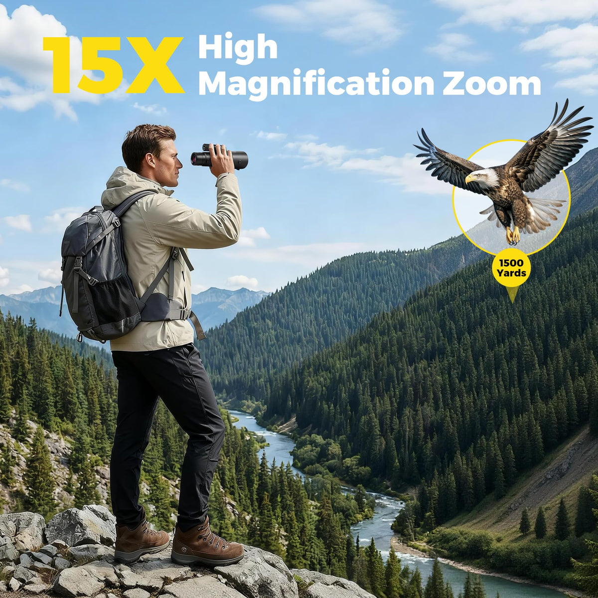 MIXIO 15x56 monocular—compact, lightweight design ideal for travel and hikes.