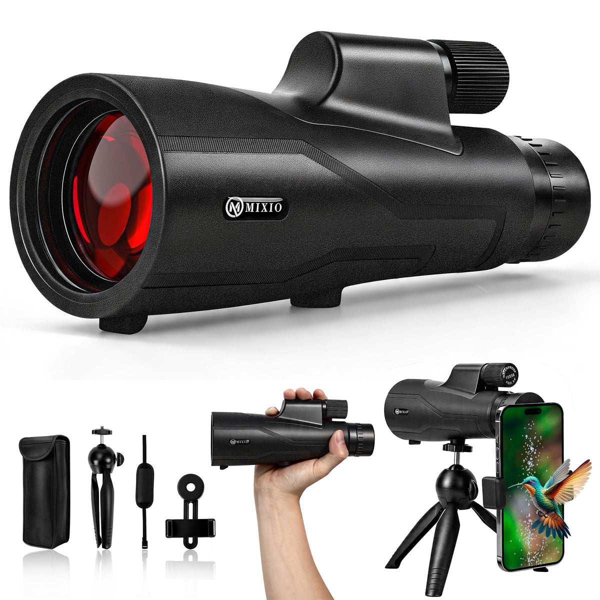 MIXIO 15x56 monocular—front view for crisp distant scenery during outdoor exploration.
