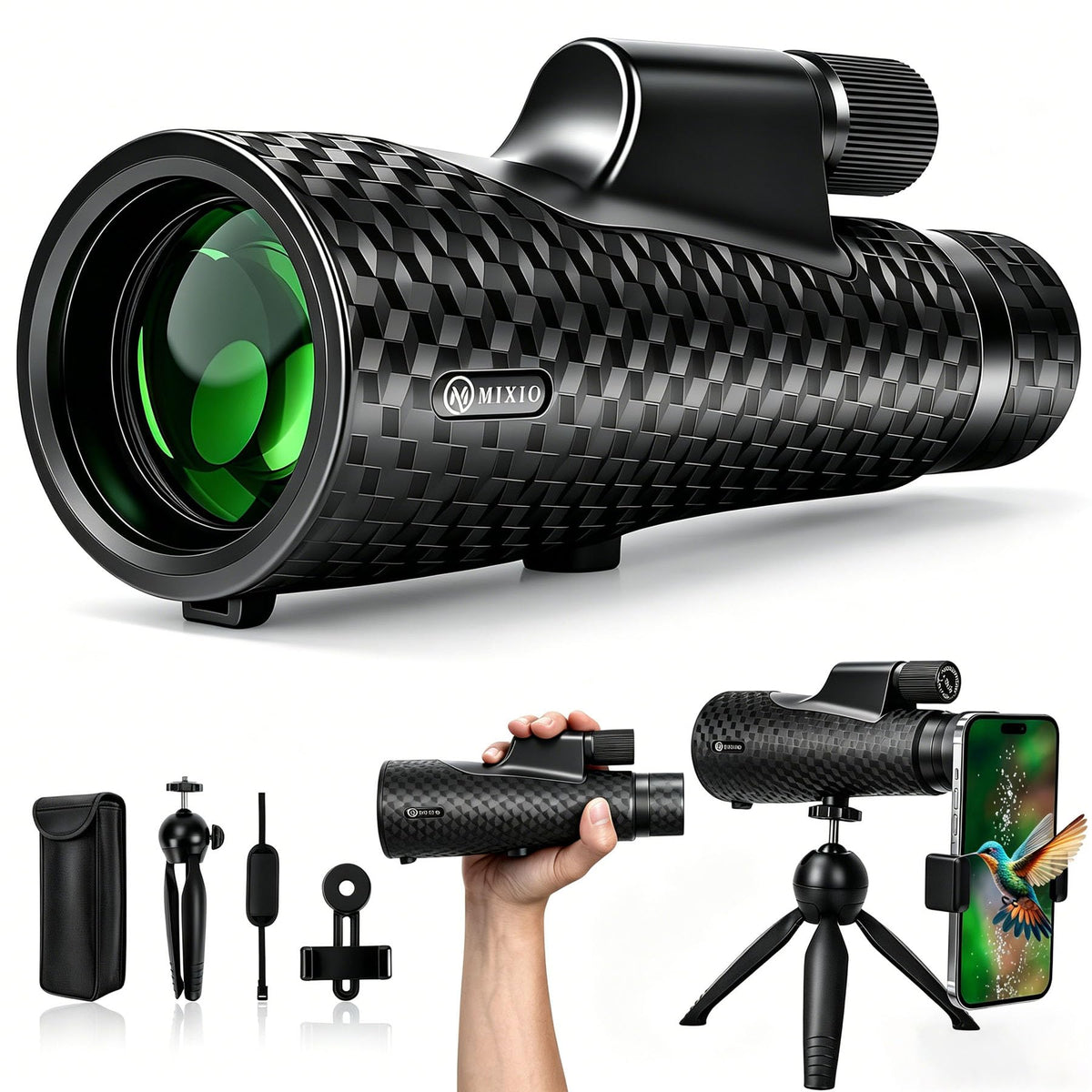 MIXIO monocular front view showing compact design and portability benefit