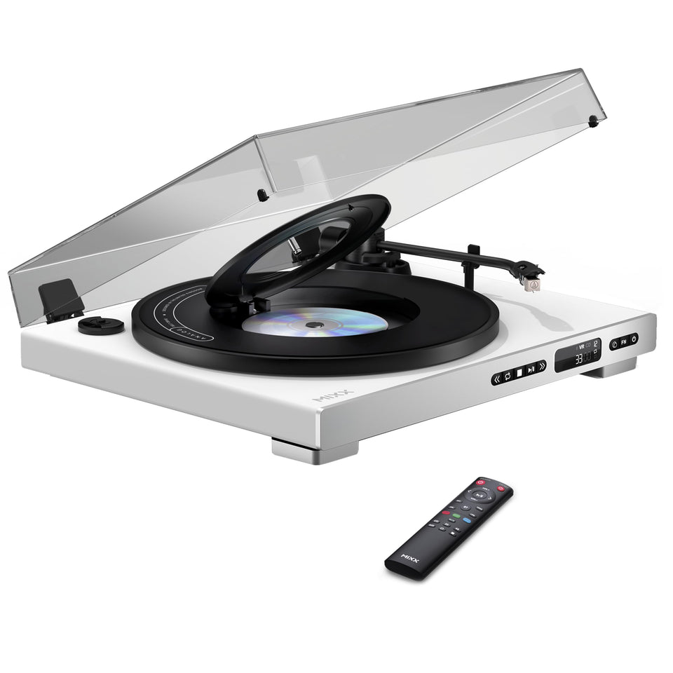 MIXX Analog Plus turntable with center CD in a compact, space-saving design.