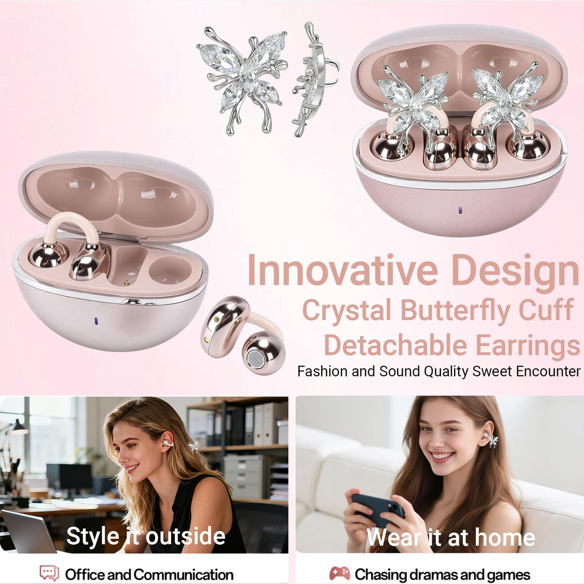 Miyonsin detachable sparkle butterfly earrings adding stylish jewelry with wireless audio.