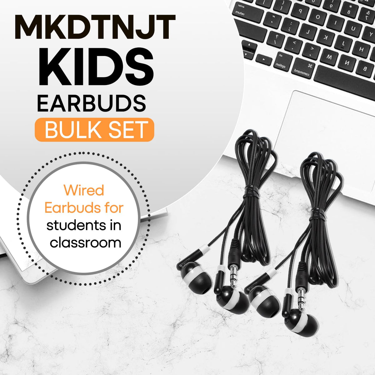 MKDTNJT bulk earbuds classroom, 3.5mm jack compatible with Chromebooks and laptops.