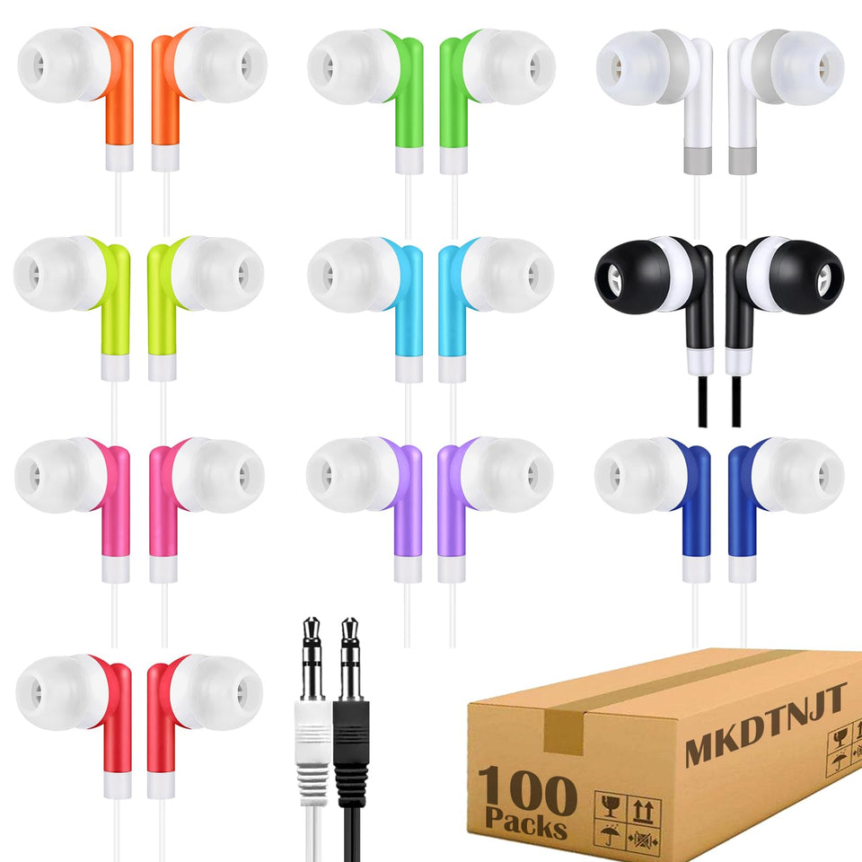 MKDTNJT front packaging showing 100-pack colorful earbuds and cost savings
