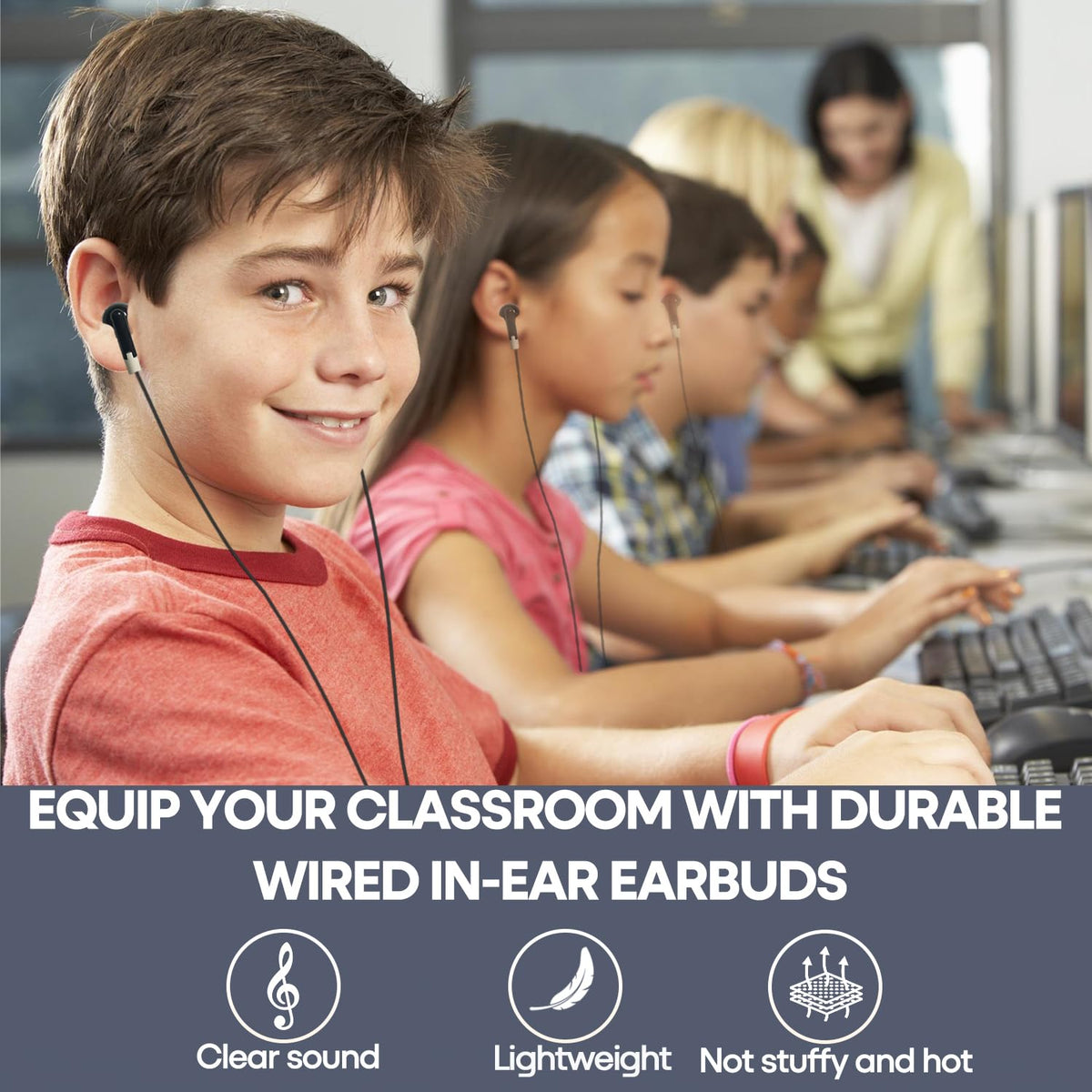 MKDTNJT earbuds in use with students for focused classroom listening