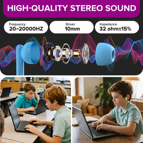 MKDTNJT earbuds in use in classroom showing dependable wired audio during lessons