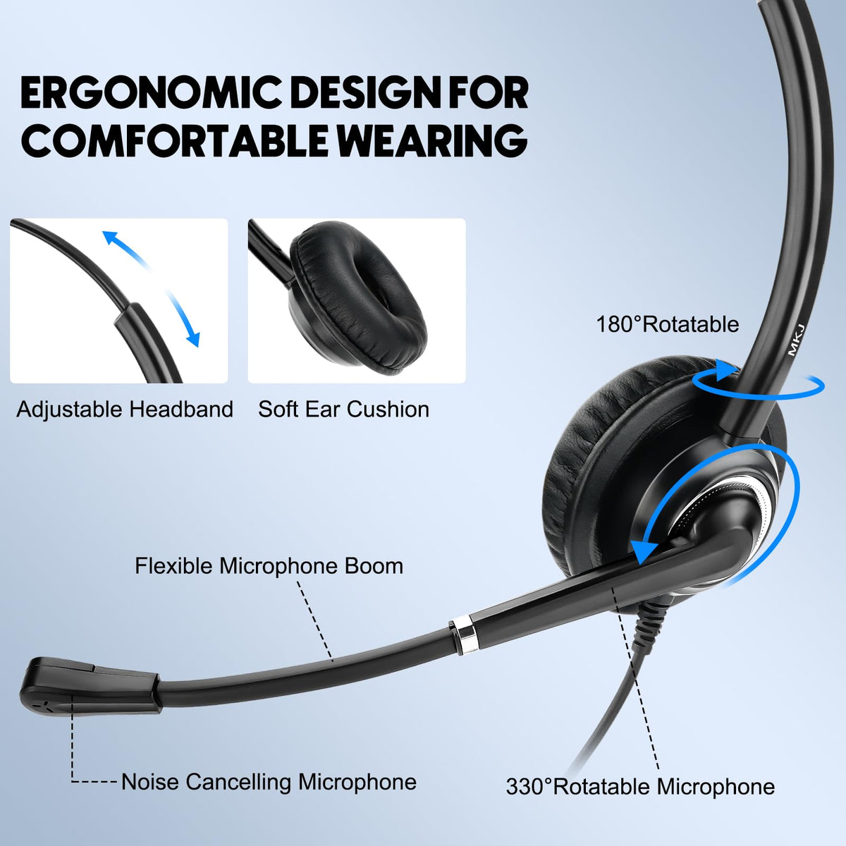 MKJ headset worn by user demonstrating secure fit and reduced fatigue