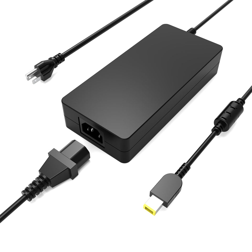MKVZPV 400W AC adapter front view with yellow square connector for Lenovo gaming laptops.