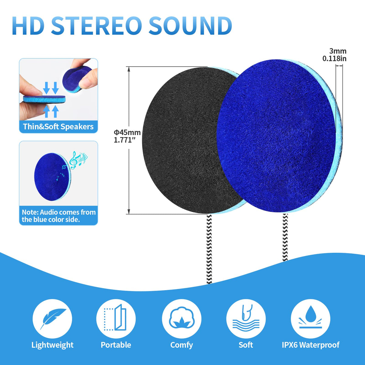 MMUSS ultra thin speaker close-up demonstrating slim 3mm profile for side sleepers