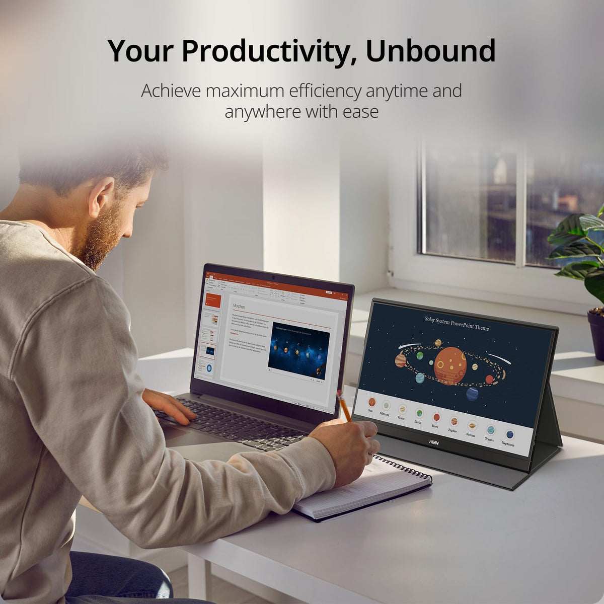 MNN lifestyle in cafe showing portable display enabling remote work anywhere
