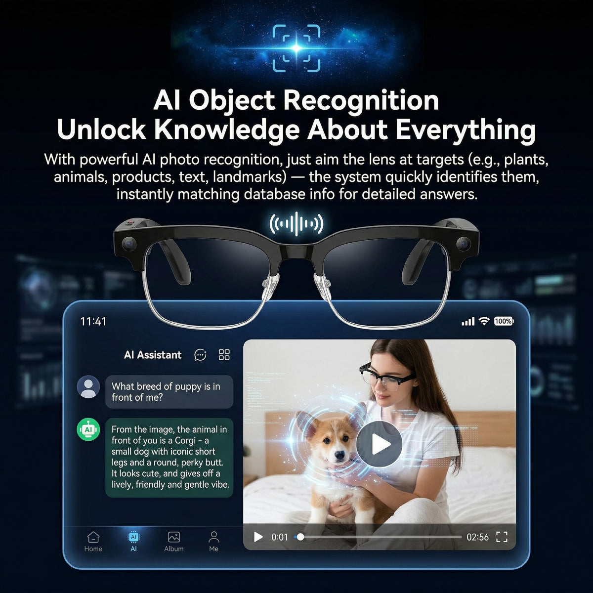 MNVOEQ AI glasses Bluetooth audio for seamless music and calls.