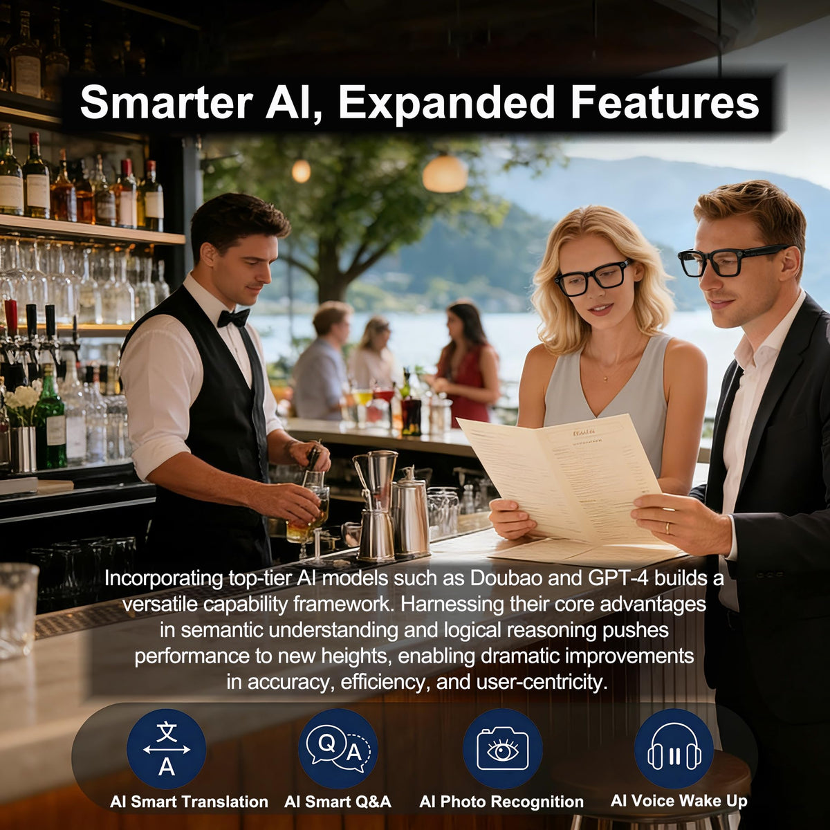 MNVOEQ AI Glasses Bluetooth sync for music, calls, and transfers.