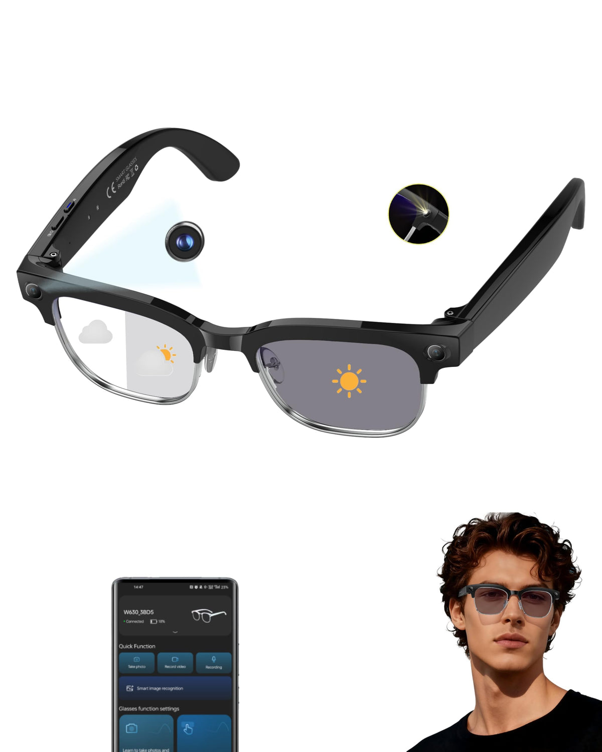 MNVOEQ AI glasses camera module for hands-free travel and sports recording.