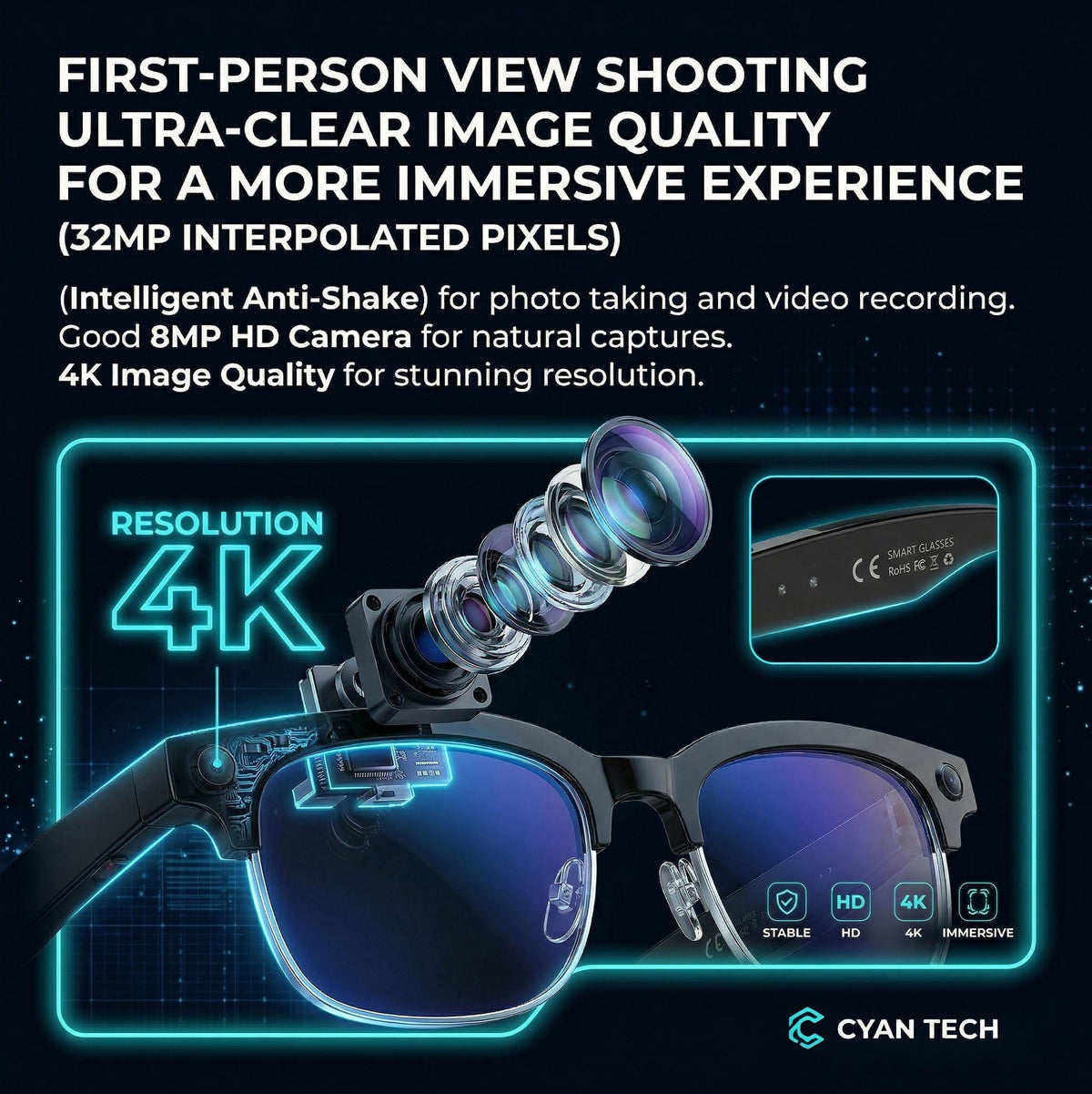 MNVOEQ AI glasses hands-free recording ideal for vlogs and outdoor adventures.