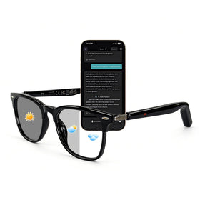 MNVOEQ front view of smart glasses showing sleek frame and lenses, offering stylish protection