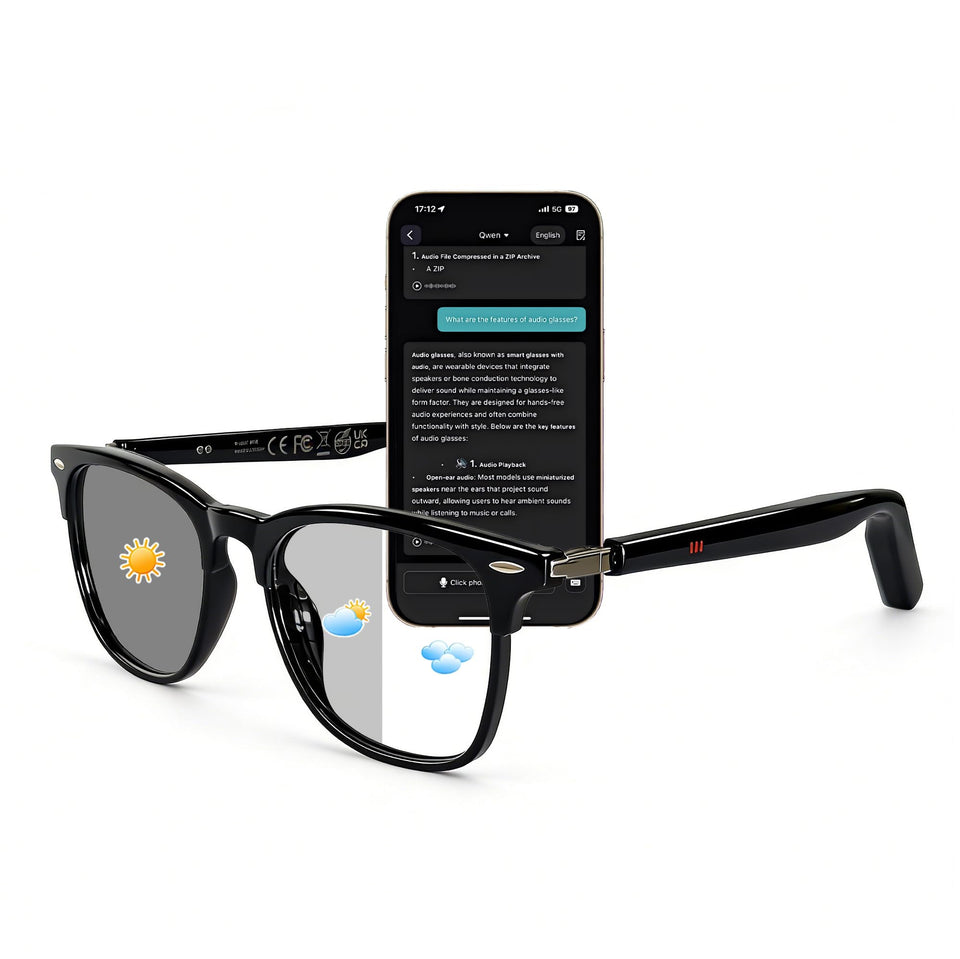 MNVOEQ front view of smart glasses showing sleek frame and lenses, offering stylish protection