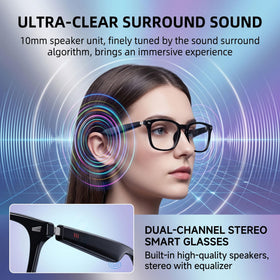 MNVOEQ Open-Ear Audio glasses deliver clear music and calls without blocking ambient awareness.
