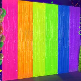 MOAOO front view of two neon fringe curtains showing vibrant colors and easy setup