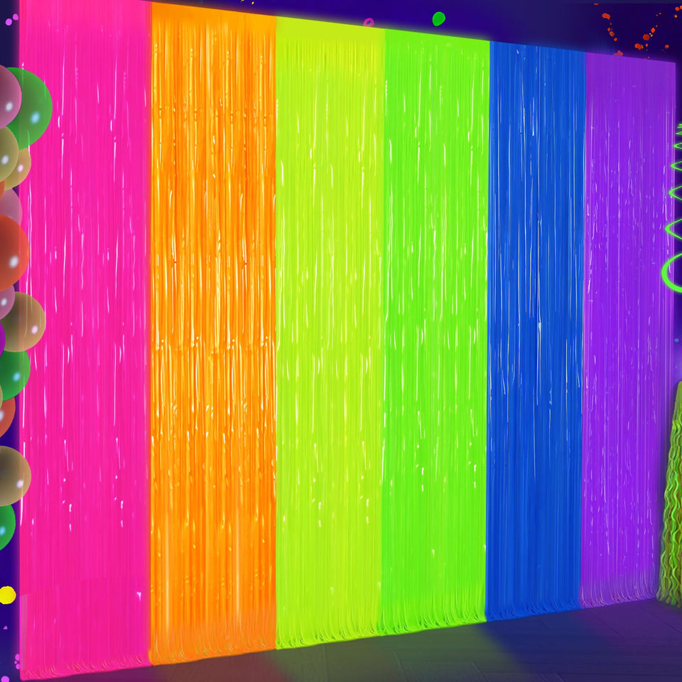 MOAOO front view of two neon fringe curtains showing vibrant colors and easy setup