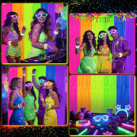 MOAOO lifestyle scene of a neon birthday with curtains behind cake and guests