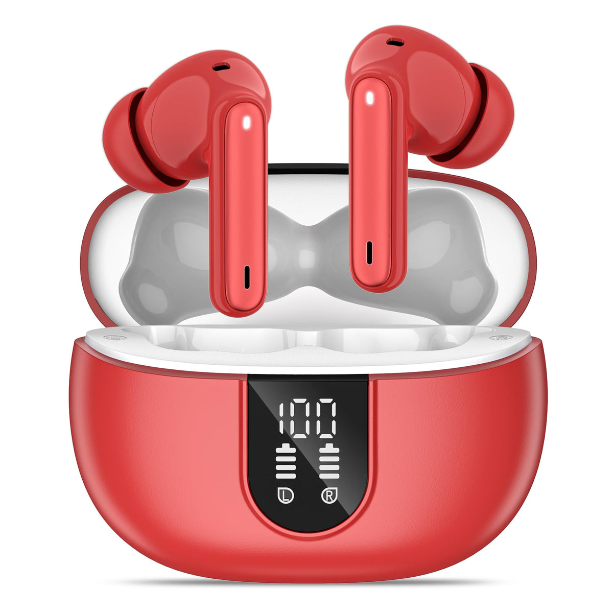 MoBadeety front view of red case and earbuds showing compact design and portability
