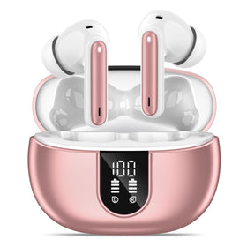 MoBadeety front view showing rose gold case and earbuds, highlights portability