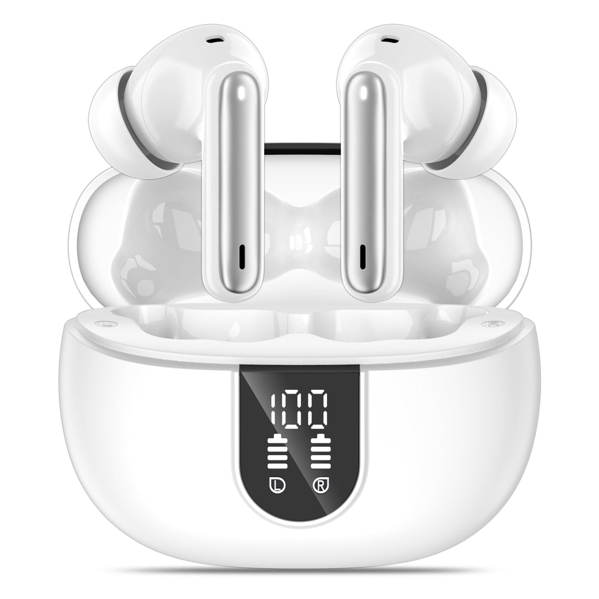 MoBadeety wireless earbuds with LED display showing battery status for easy charging