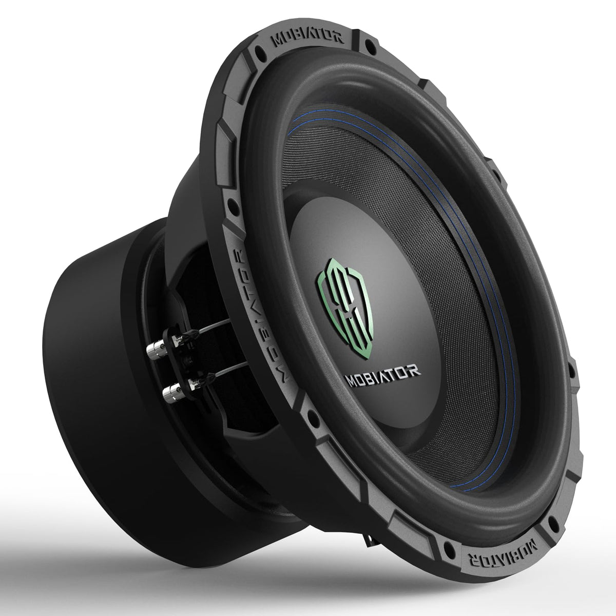 MOBIATOR 12-inch subwoofer front view shows compact fit and bold bass potential