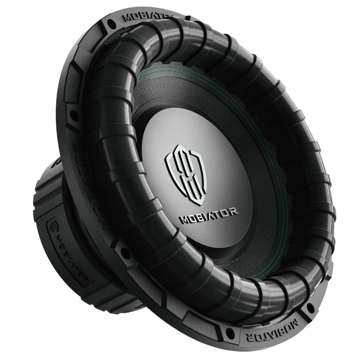 MOBIATOR front view showing cone and dust cap, highlights clean bass delivery